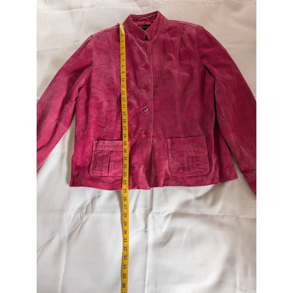 VTG 100% Pink Suede Leather Jacket Button Front Mandarin Collar Barbie Preppy - Picture 3 of 6